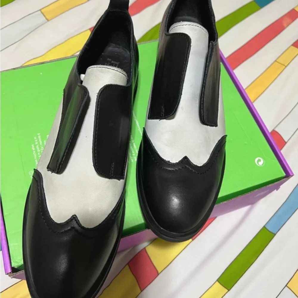Black and White Slip-On Women's Brogue Loafers